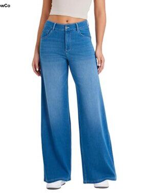 High Waist Wide Leg Jeans with Button Zipper Placket Straight Cut